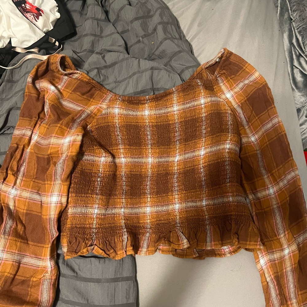 SO Women's Plaid Crop Top in Brown and Orange - dropped shoulders